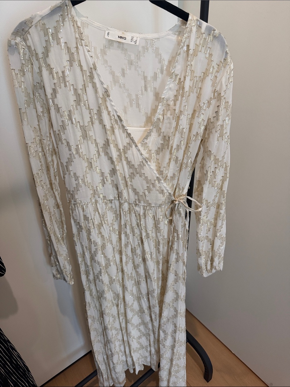 Mango MNG white and gold wrap midi dress
